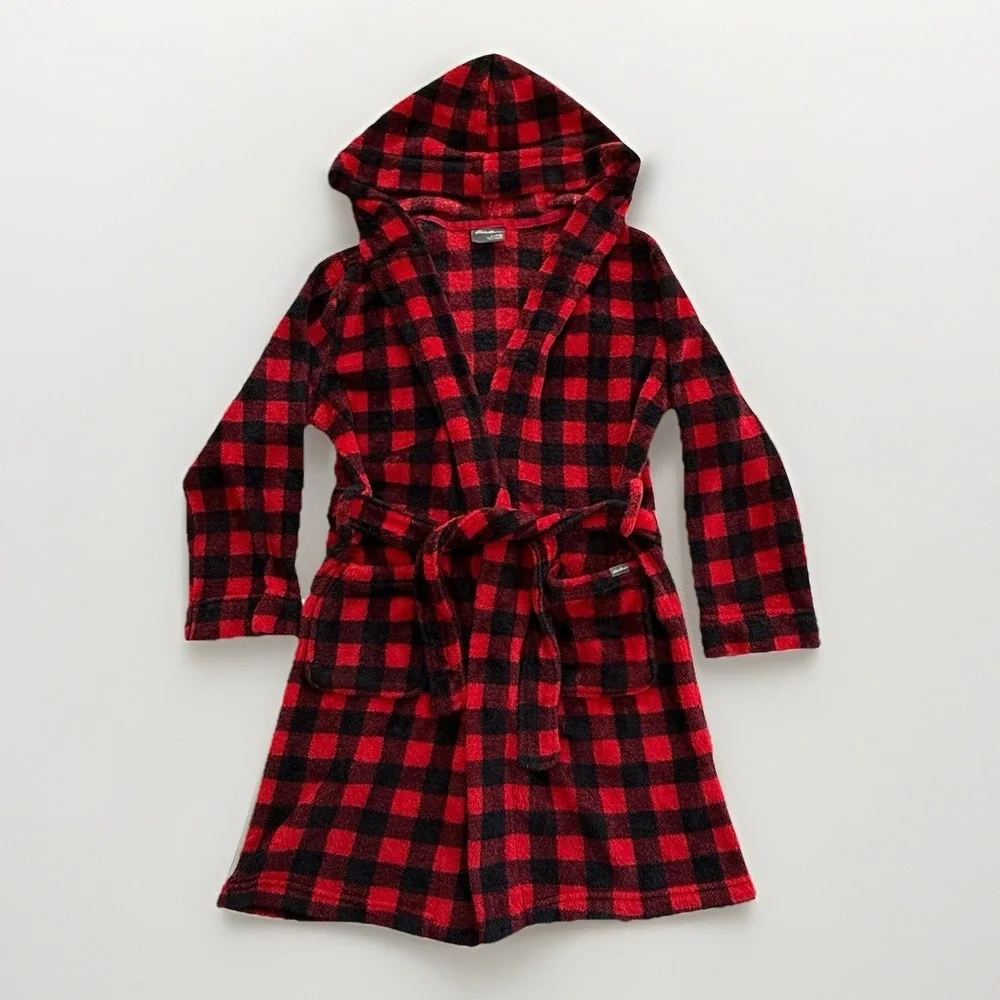 Eddie Bauer Kids Hooded Robe Fleece Red Black Buffalo Plaid Cozy Kids S 7/8‎